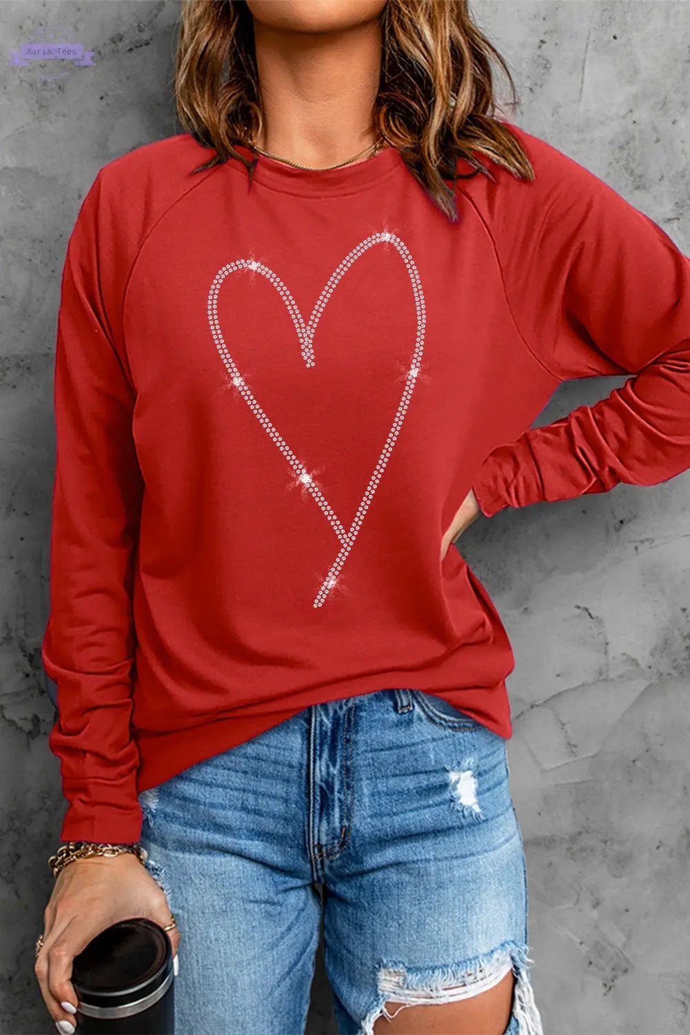 Fiery Red Rhinestone Heart Shaped Long Sleeve Sweatshirt Aaria Tees