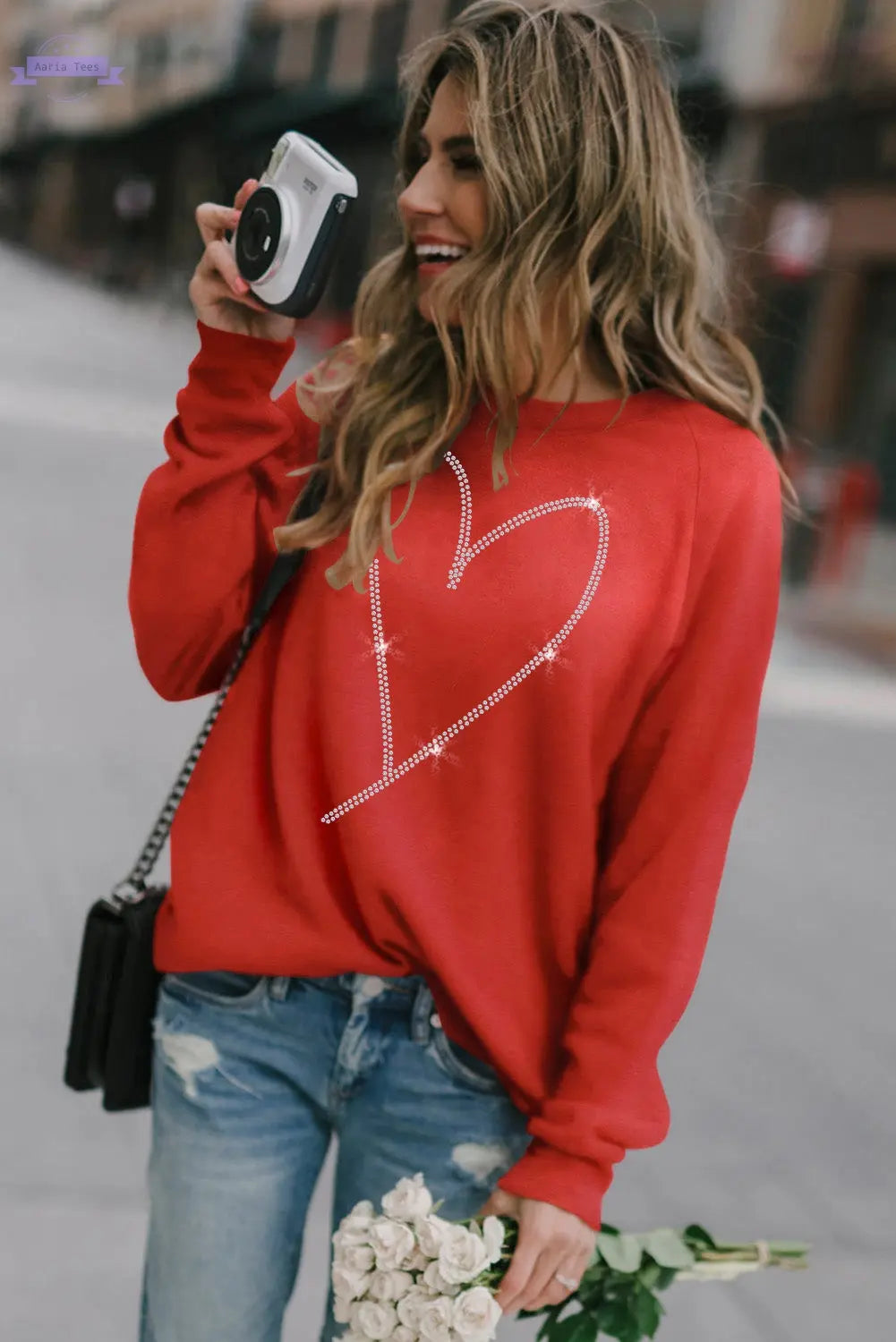 Fiery Red Rhinestone Heart Shaped Long Sleeve Sweatshirt Aaria Tees
