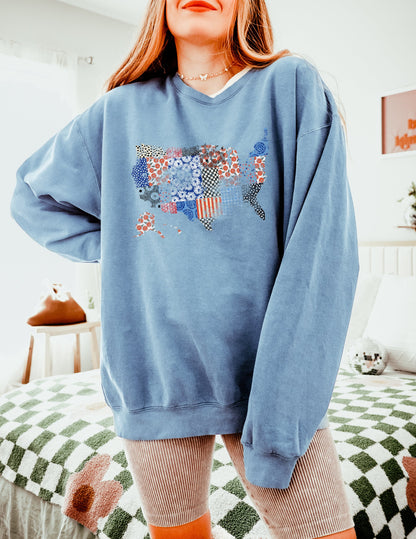 Floral United States Flag Great America Garment Dyed Comfort Colors Sweatshirt