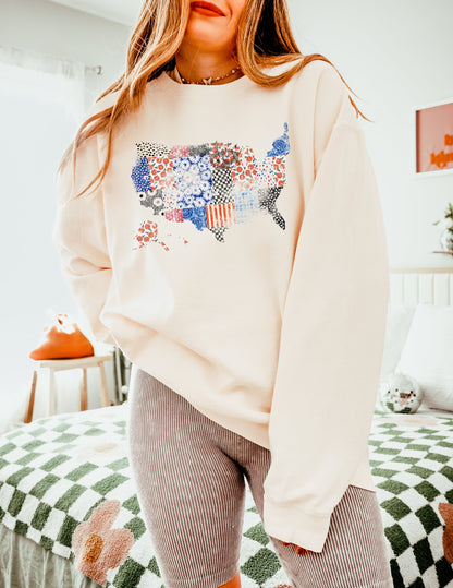 Floral United States Flag Great America Garment Dyed Comfort Colors Sweatshirt