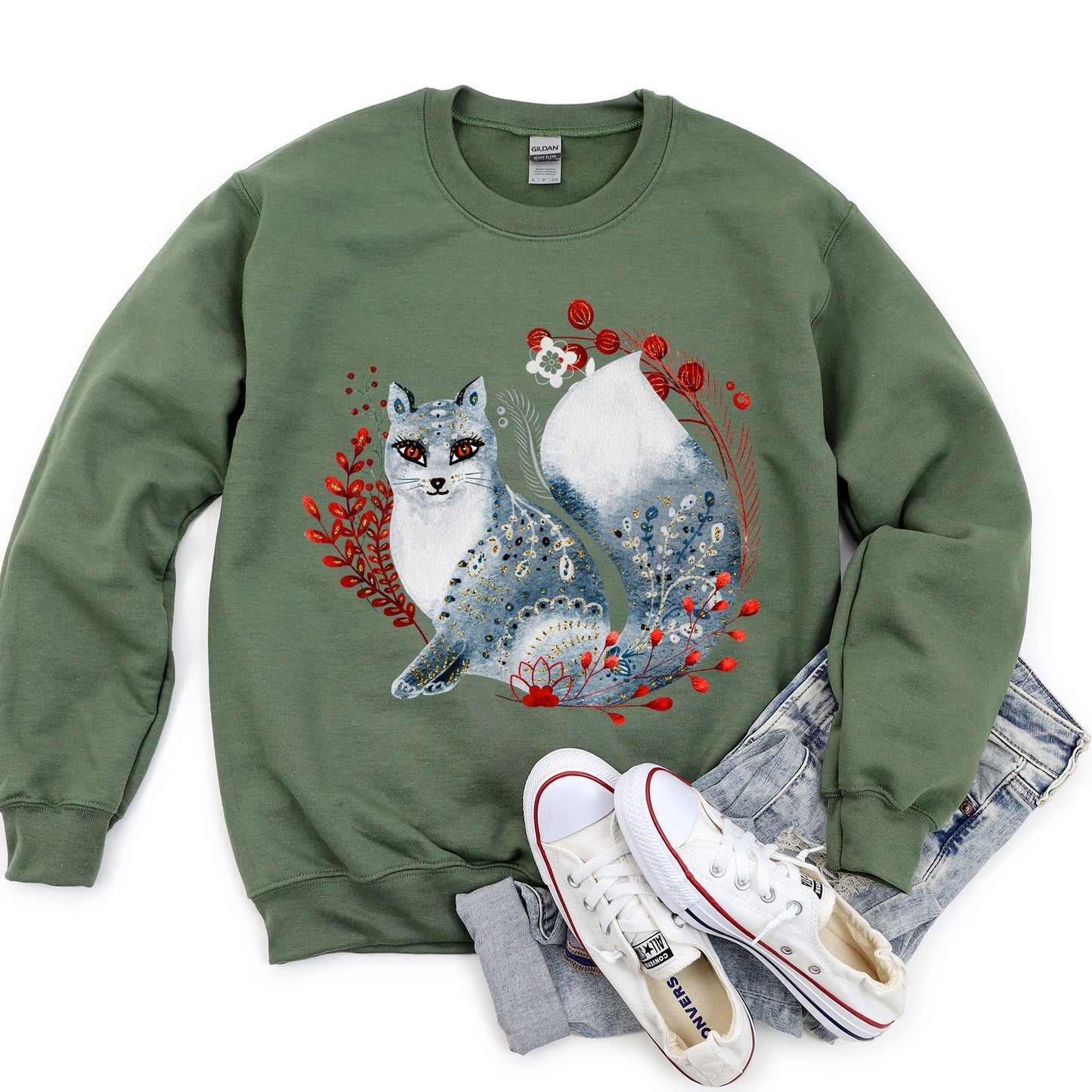 Fox, Folk Art Scandinavian Christmas Sweatshirt