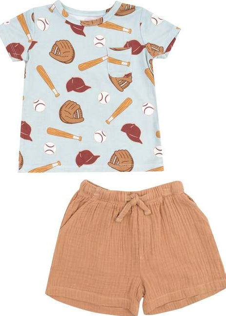 Baseball Crew Neck Tee & Muslin Short Set