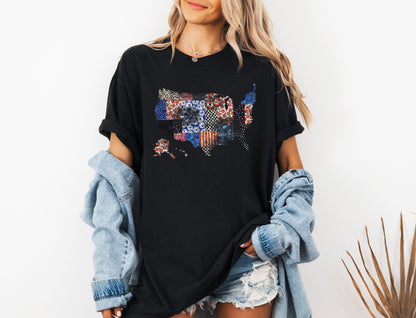 America map USA map Flag flower Garment Dyed T Shirt