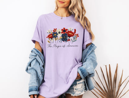America the Magic of America USA Flag flower Garment Dyed T Shirt