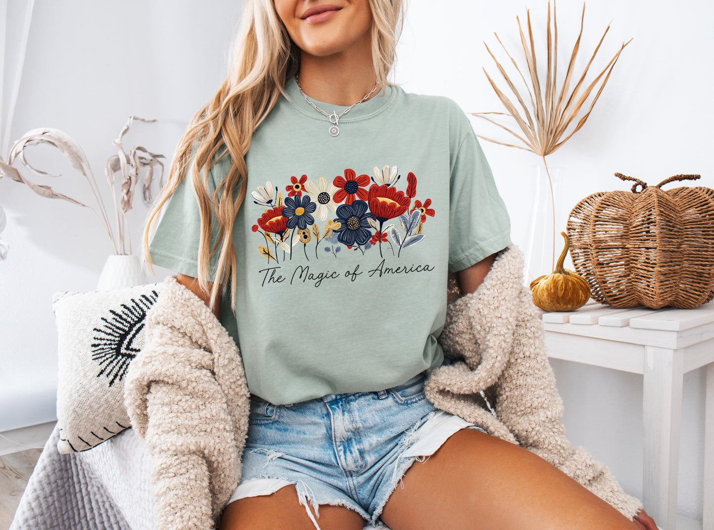 America the Magic of America USA Flag flower Garment Dyed T Shirt