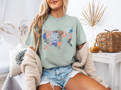 America map USA map Flag flower Garment Dyed T Shirt