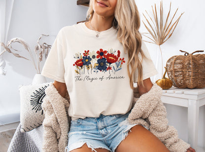 America the Magic of America USA Flag flower Garment Dyed T Shirt