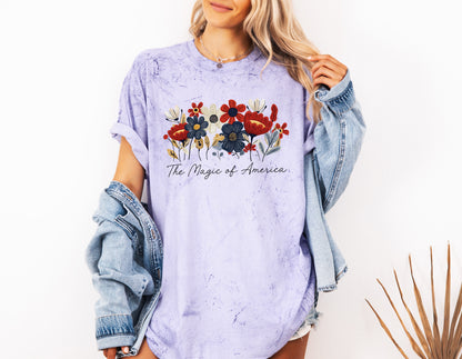 America the Magic of America USA Flag flower Garment Dyed T Shirt
