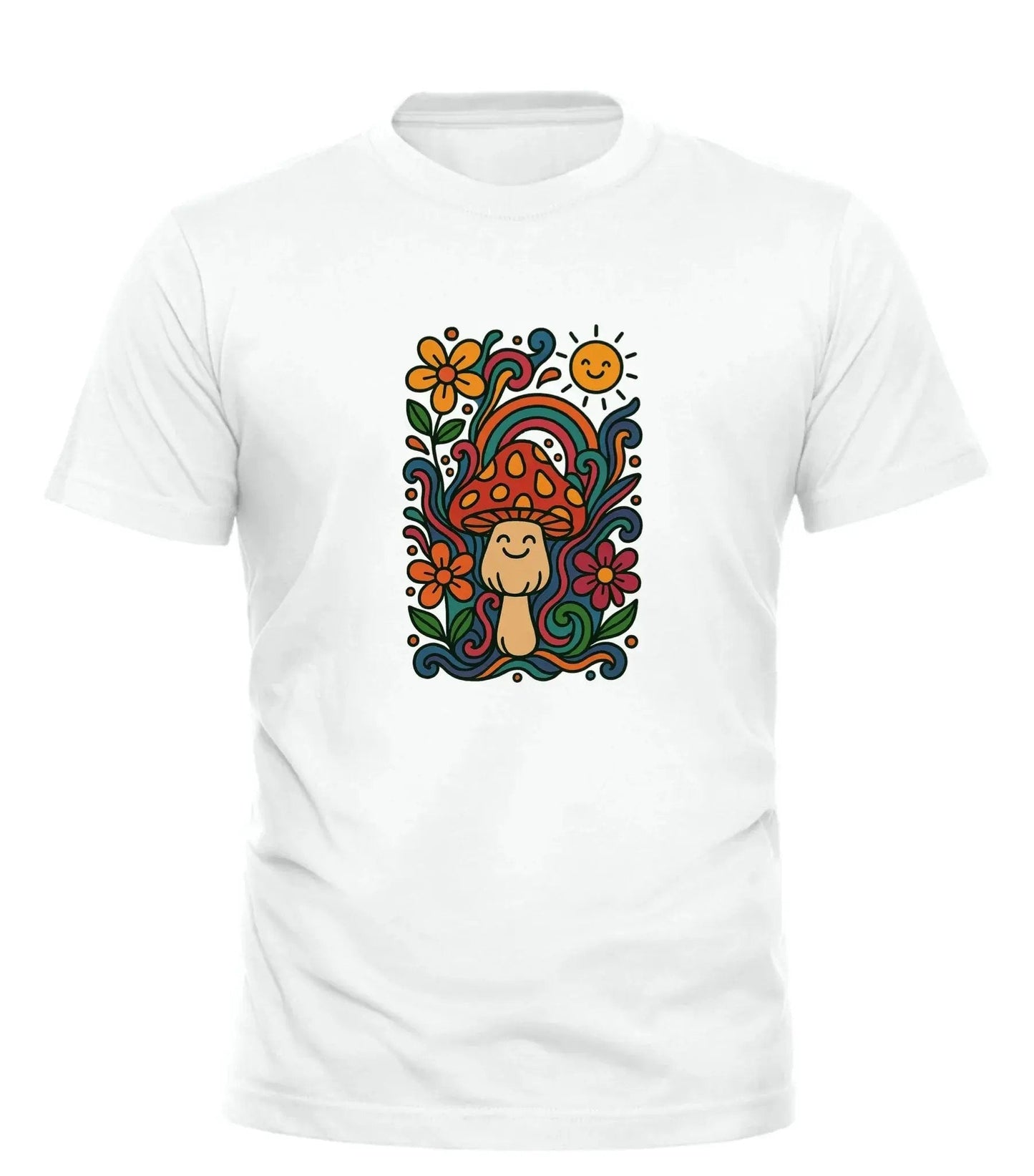 GOOD TROUBLE FASHION Psychedelic Graphic Tee with Fun Mushroom Design