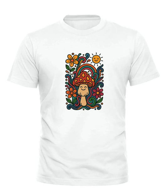 GOOD TROUBLE FASHION Psychedelic Graphic Tee with Fun Mushroom Design