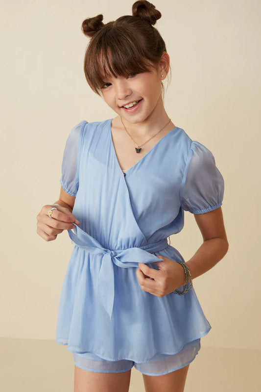 Belted Surplice Peplum Layer Organza Romper in Blue