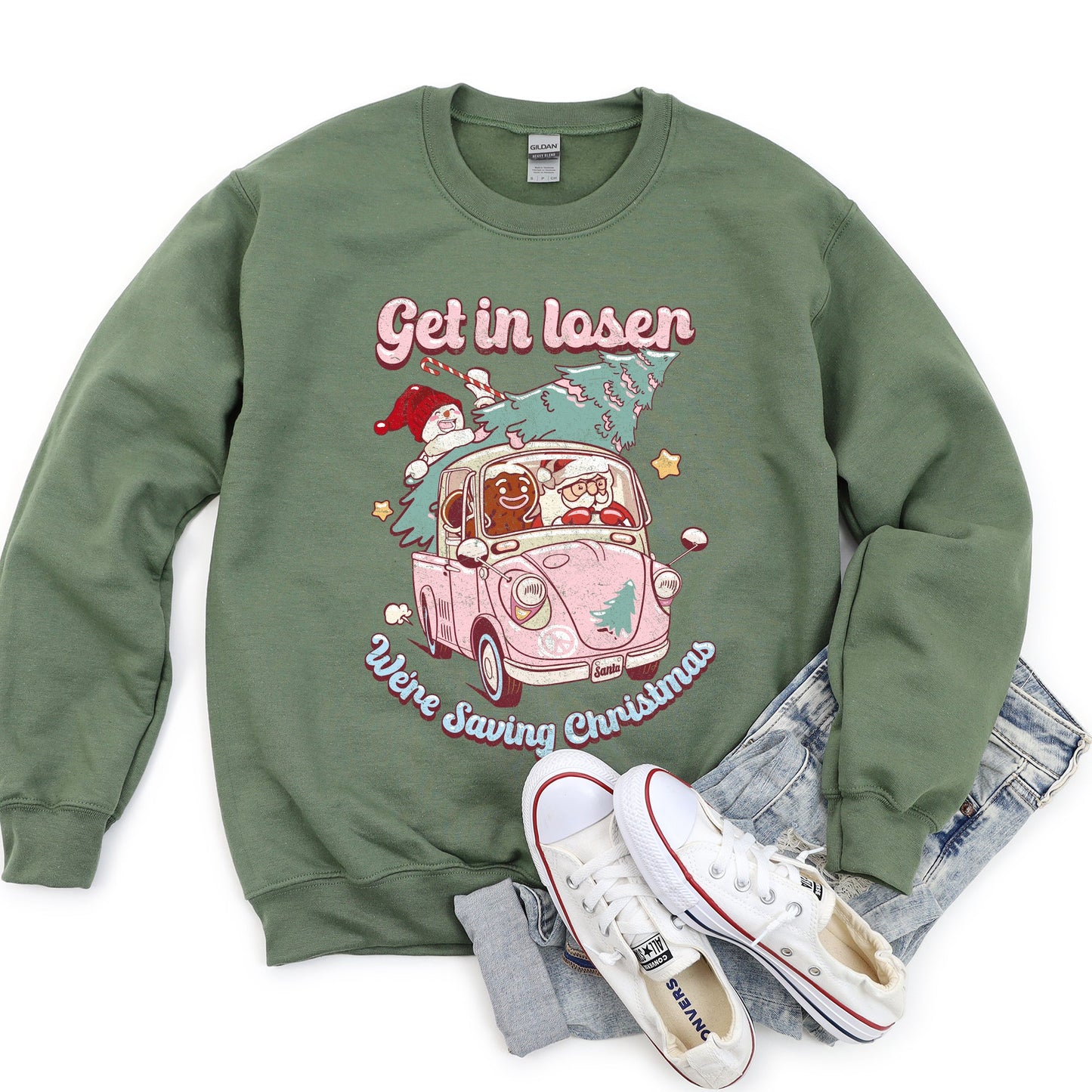 Get In Loser, We're Saving Christmas, Retro, Pink, Santa, Snowman Sweatshirt