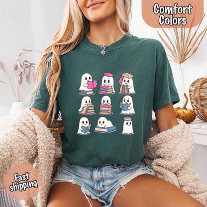 Ghost Reading Comfort Colors Shirt – Spooky Book Lover Halloween Tee