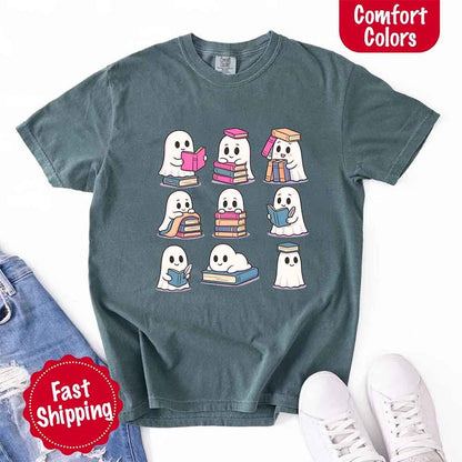 Ghost Reading Comfort Colors Shirt – Spooky Book Lover Halloween Tee