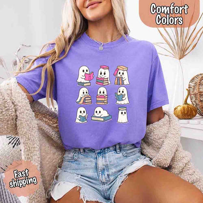 Ghost Reading Comfort Colors Shirt – Spooky Book Lover Halloween Tee