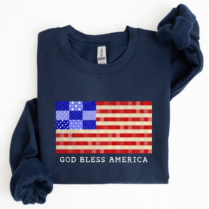God Bless America, Quilt, Flag, 4th of July Sweatshirt