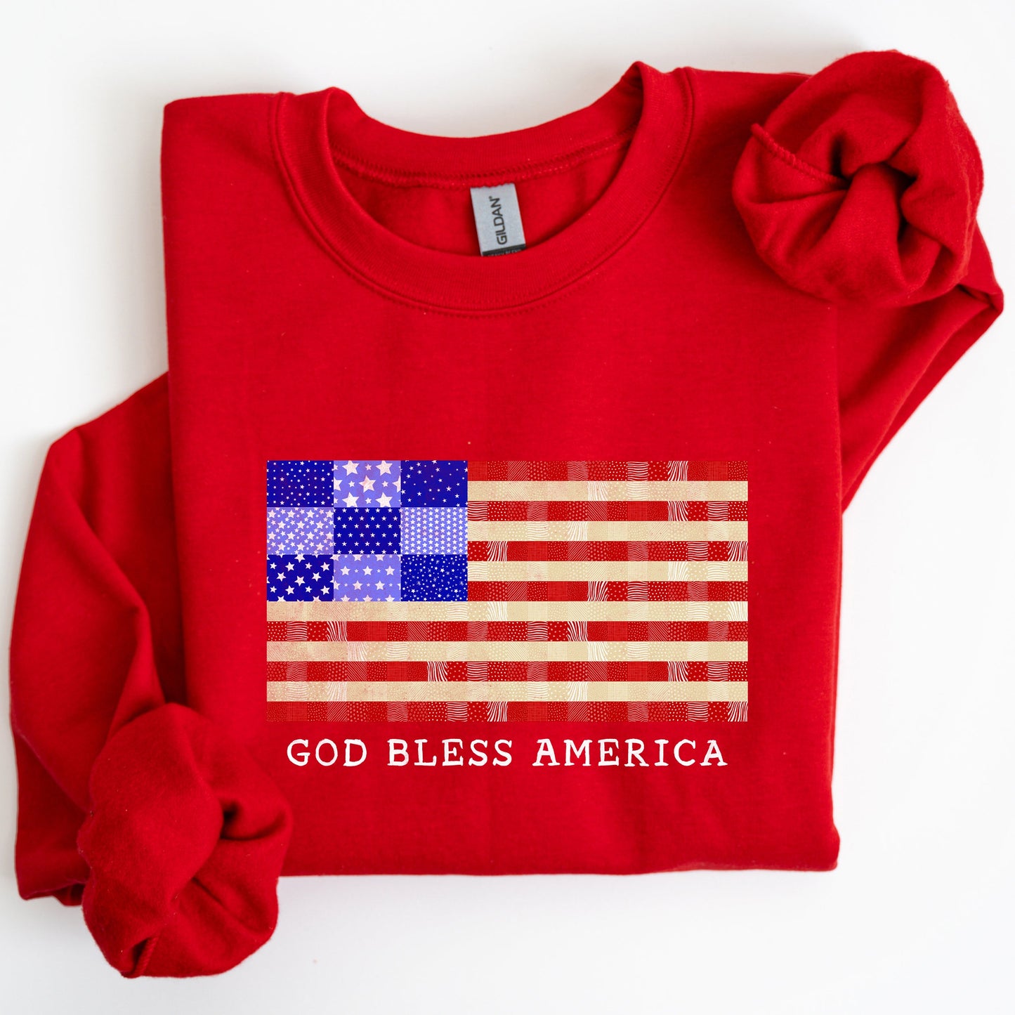 God Bless America, Quilt, Flag, 4th of July Sweatshirt