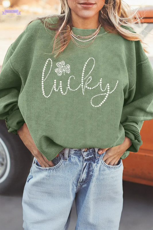 Grass Green Rhinestone lucky Clover Graphic Ribbed St Patrick Sweatshirt Aaria Tees