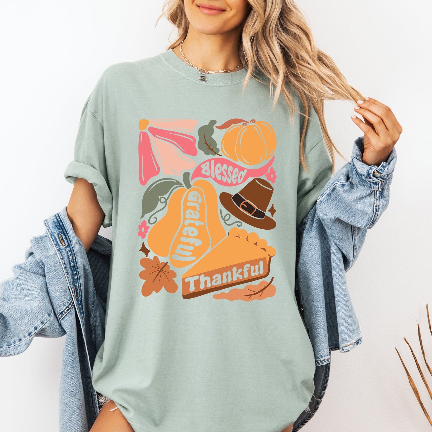 Grateful, Thankful, Blessed, Autumn, Thanksgiving, Flowers, Pumpkins, Pilgrims Tshirt Comfort Colors T-Shirt