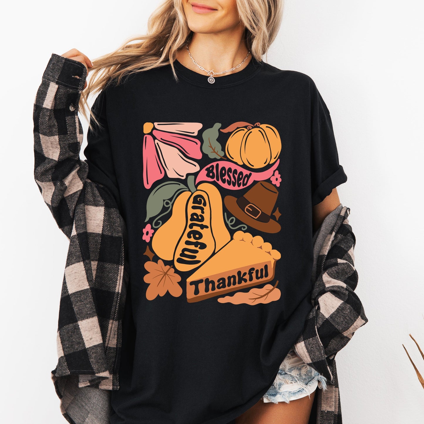 Grateful, Thankful, Blessed, Autumn, Thanksgiving, Flowers, Pumpkins, Pilgrims Tshirt Comfort Colors T-Shirt