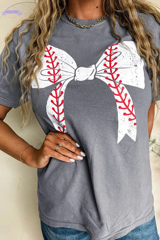 Gray Baseball Bowknot Graphic Casual Tee Aaria Tees