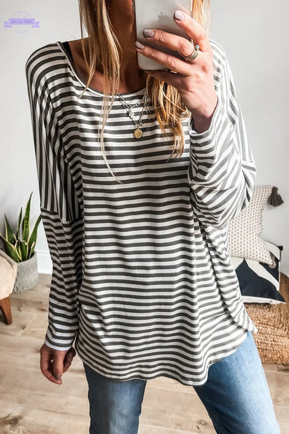 Gray Stripe Drop Sleeve Round Neck Oversized Long Sleeve Top Aaria Tees