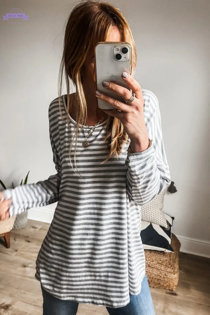 Gray Stripe Drop Sleeve Round Neck Oversized Long Sleeve Top Aaria Tees