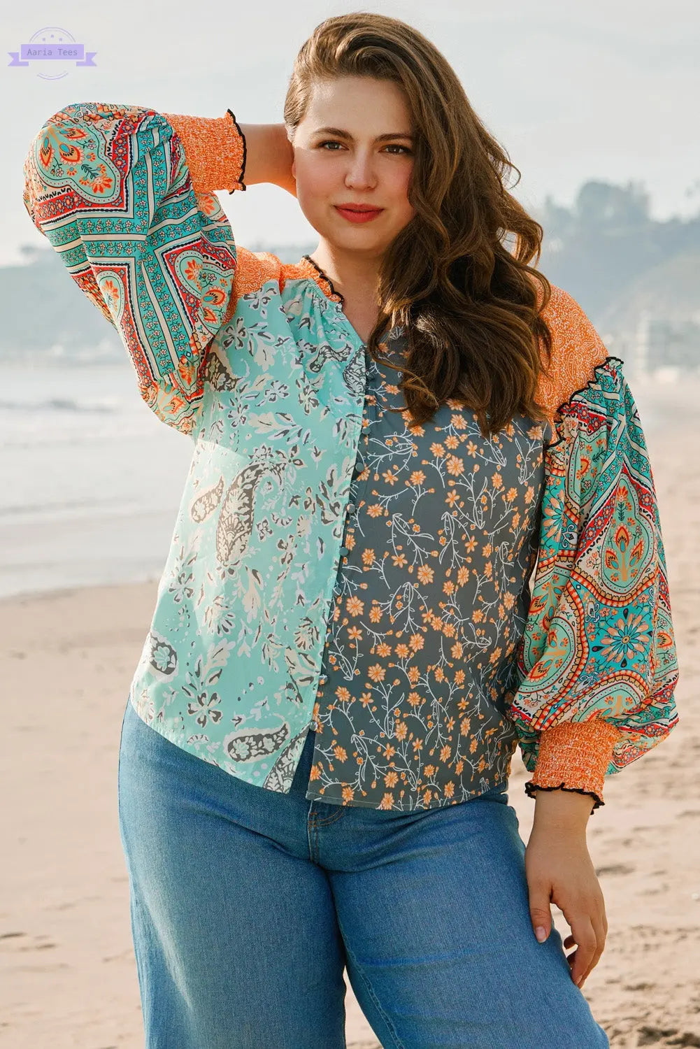 Green Floral Patchwork Lantern Sleeve Buttoned V Neck Plus Size Blouse Aaria Tees Aaria Tees