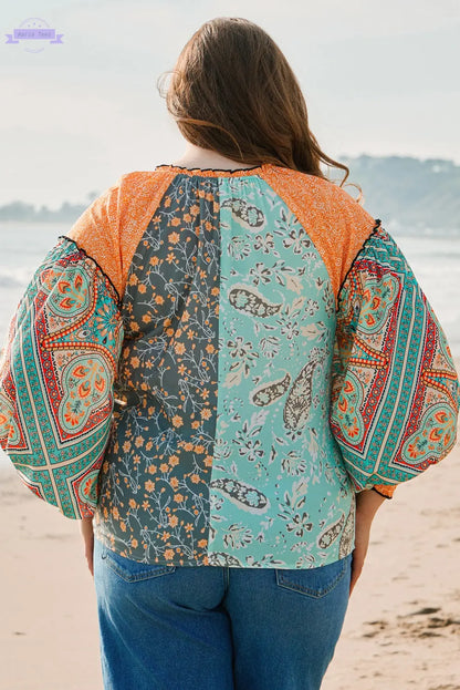 Green Floral Patchwork Lantern Sleeve Buttoned V Neck Plus Size Blouse Aaria Tees