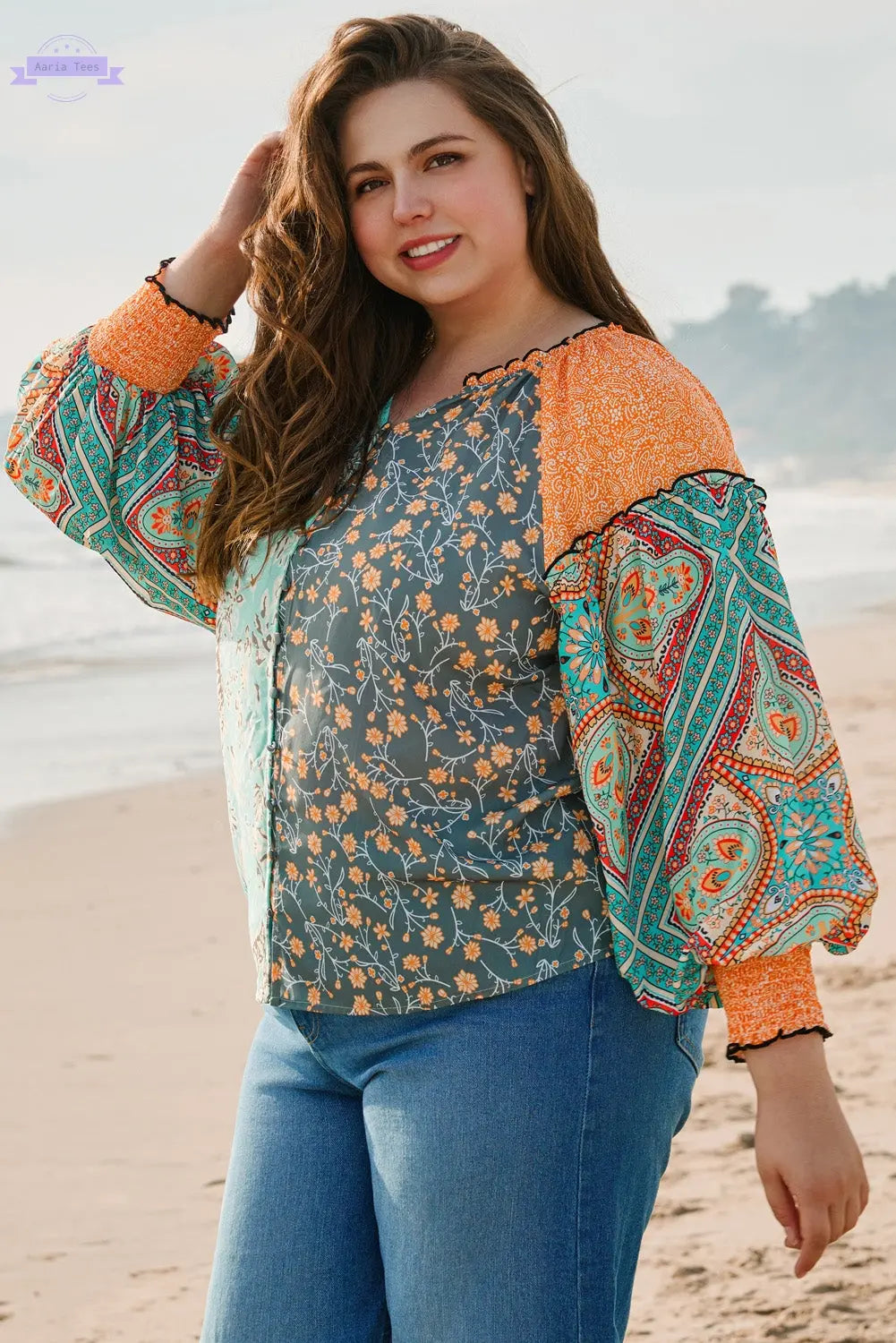 Green Floral Patchwork Lantern Sleeve Buttoned V Neck Plus Size Blouse Aaria Tees