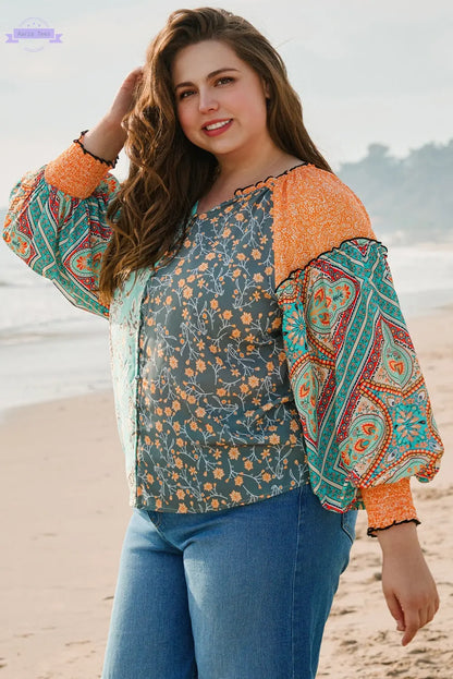Green Floral Patchwork Lantern Sleeve Buttoned V Neck Plus Size Blouse Aaria Tees