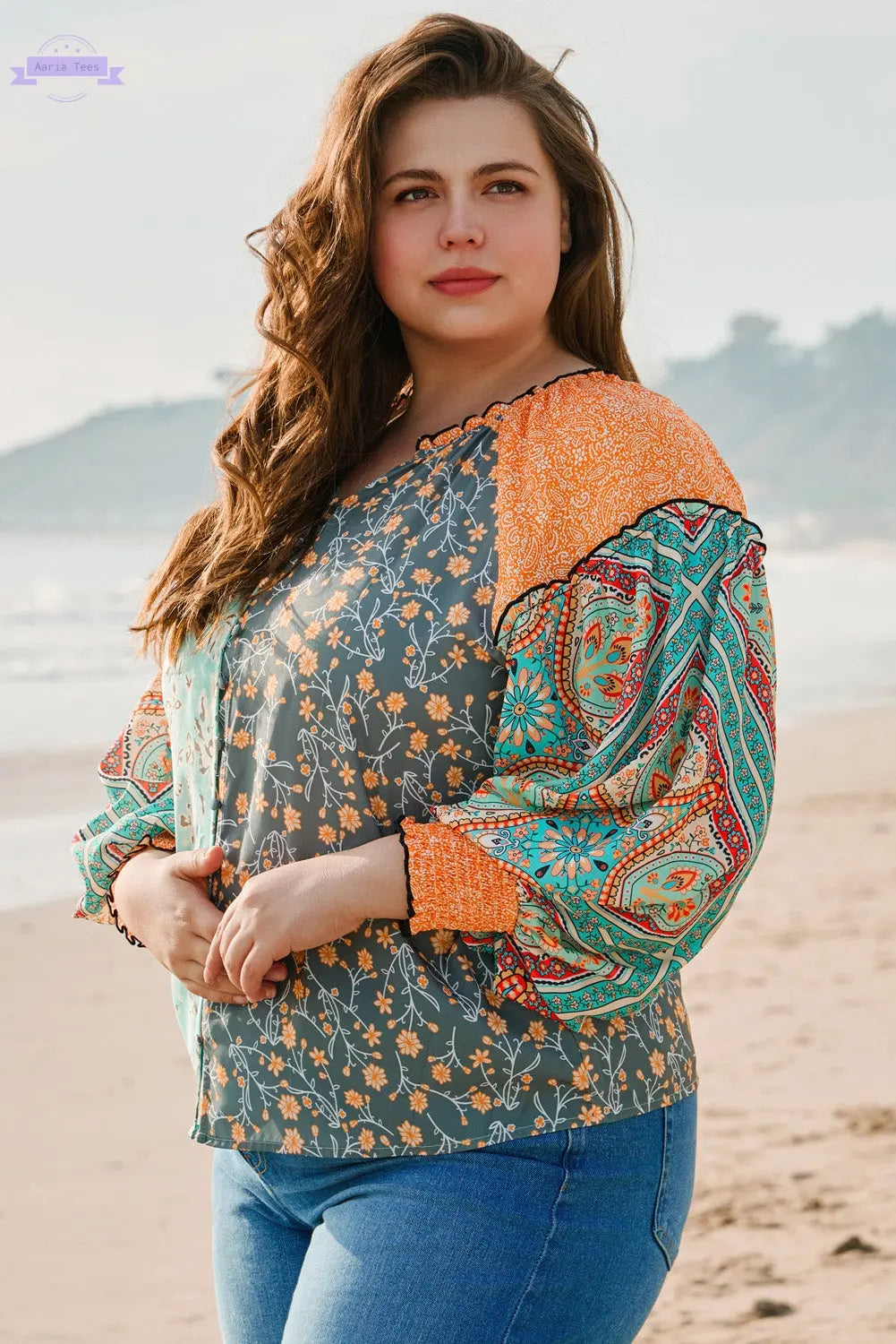 Green Floral Patchwork Lantern Sleeve Buttoned V Neck Plus Size Blouse Aaria Tees
