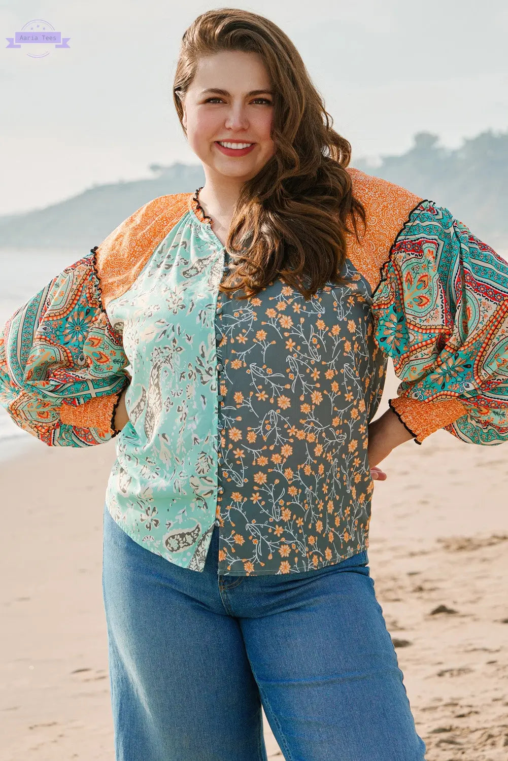 Green Floral Patchwork Lantern Sleeve Buttoned V Neck Plus Size Blouse Aaria Tees Aaria Tees