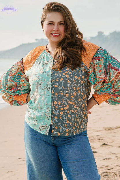 Green Floral Patchwork Lantern Sleeve Buttoned V Neck Plus Size Blouse Aaria Tees