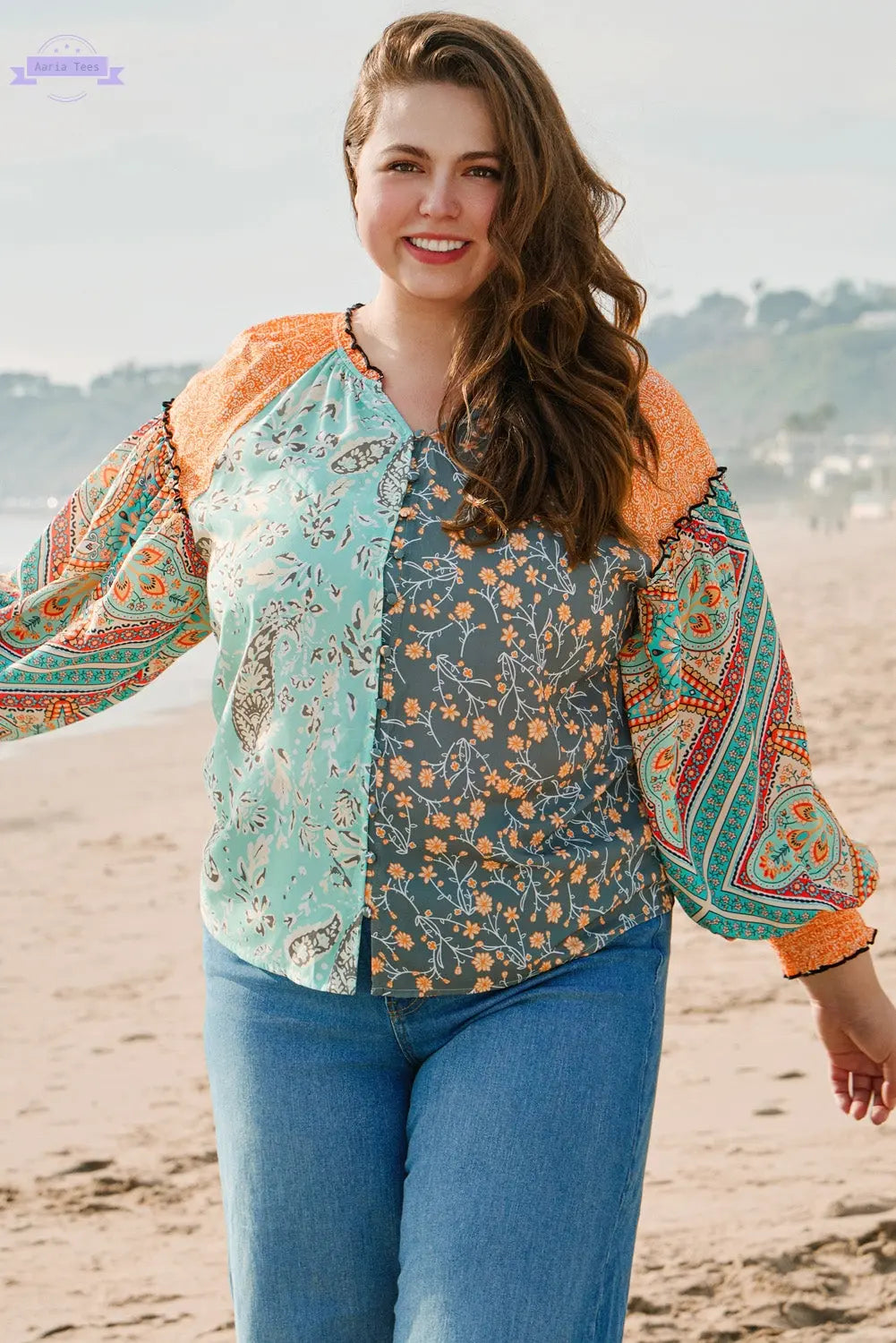Green Floral Patchwork Lantern Sleeve Buttoned V Neck Plus Size Blouse Aaria Tees Aaria Tees