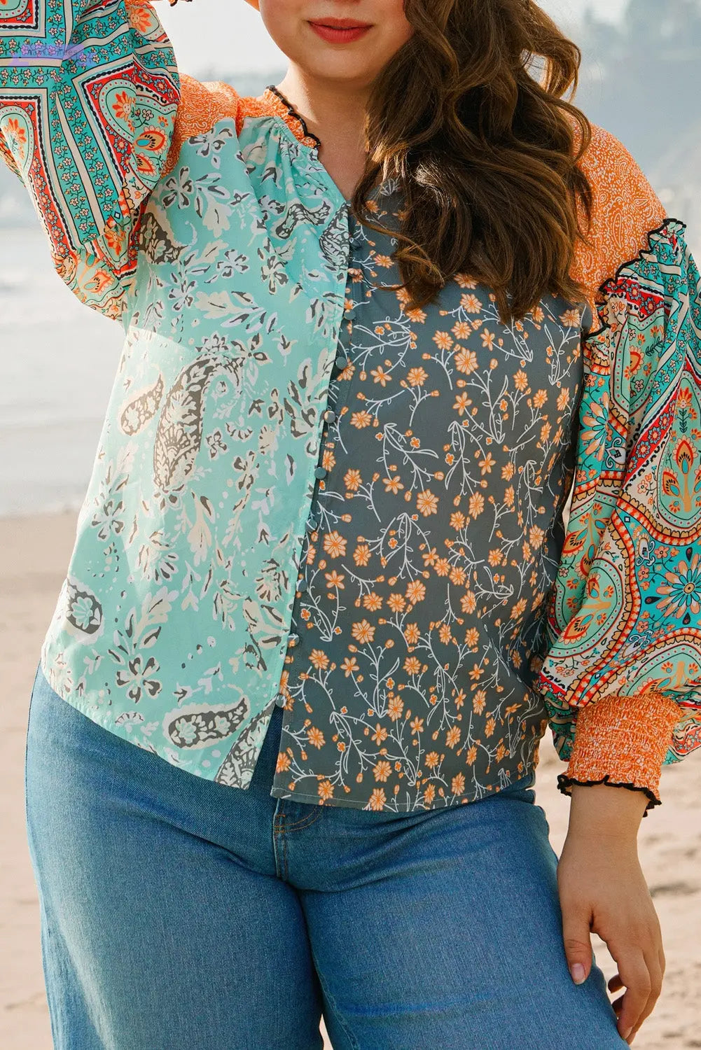 Green Floral Patchwork Lantern Sleeve Buttoned V Neck Plus Size Blouse Aaria Tees
