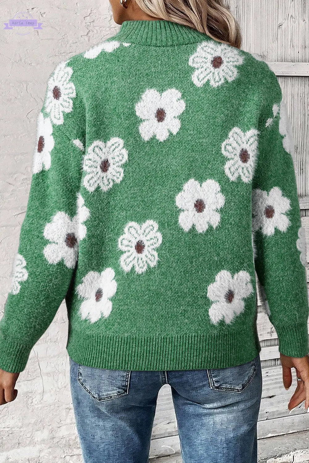 Green Floral Pattern Half Zip Drop Shoulder Sweater - Aaria Tees