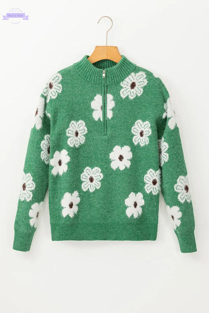 Green Floral Pattern Half Zip Drop Shoulder Sweater - Aaria Tees