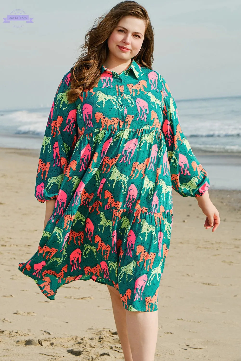 Green Horse Printed Long Sleeve Collared Buttoned Plus Size Midi Dress Aaria Tees