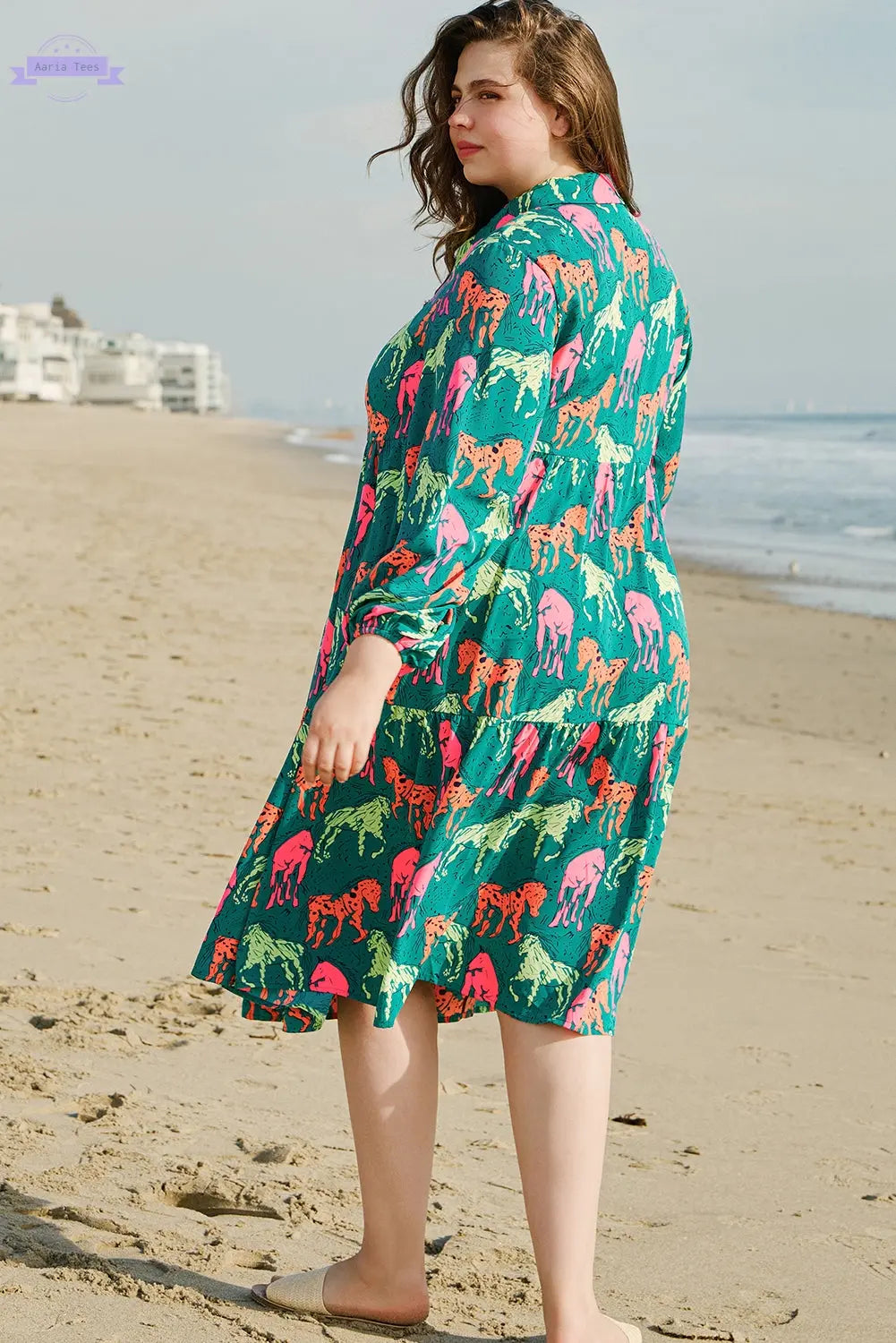 Green Horse Printed Long Sleeve Collared Buttoned Plus Size Midi Dress Aaria Tees Aaria Tees