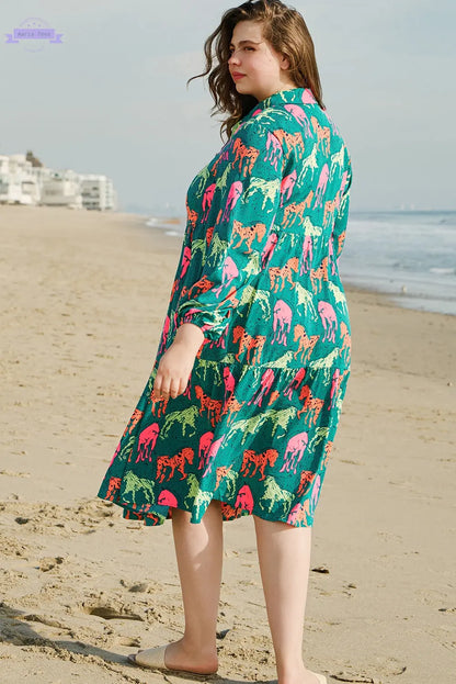 Green Horse Printed Long Sleeve Collared Buttoned Plus Size Midi Dress Aaria Tees