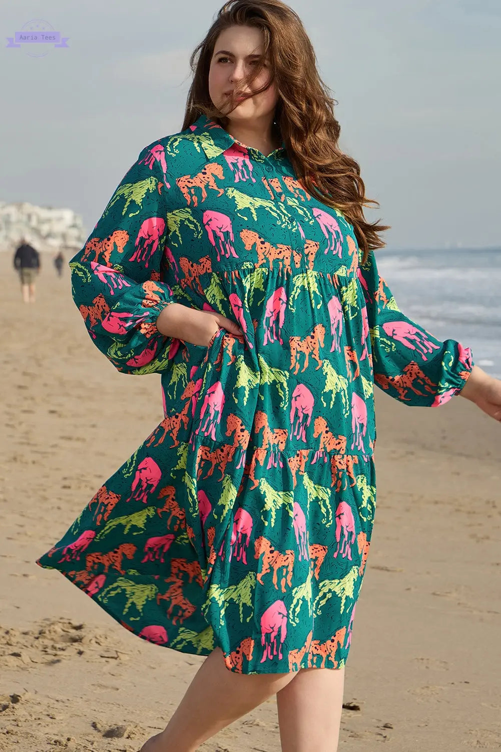 Green Horse Printed Long Sleeve Collared Buttoned Plus Size Midi Dress Aaria Tees