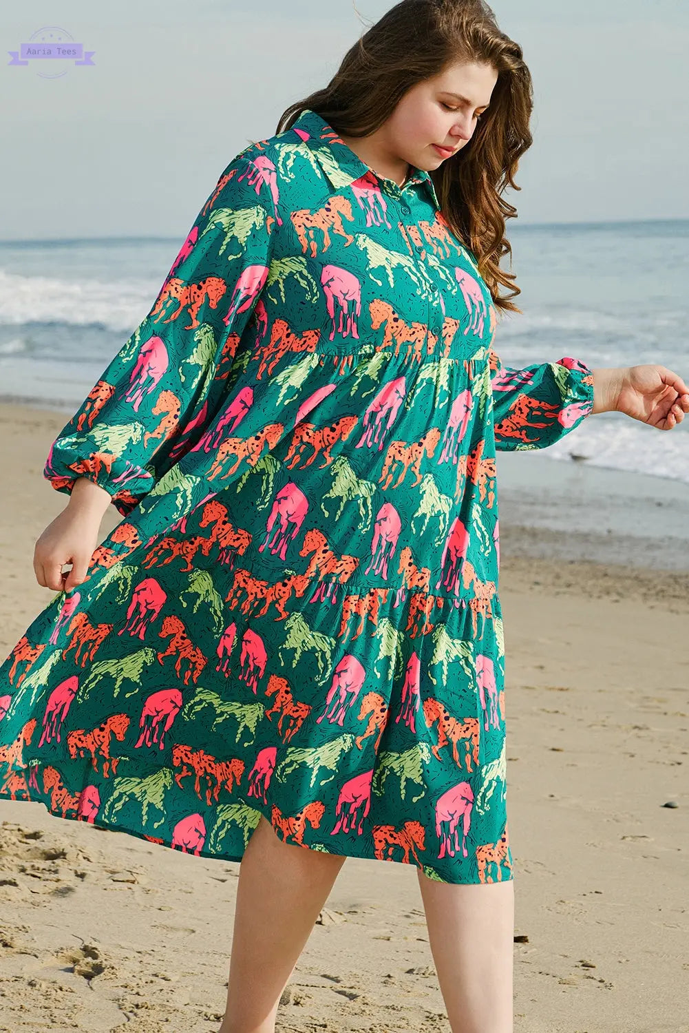 Green Horse Printed Long Sleeve Collared Buttoned Plus Size Midi Dress Aaria Tees Aaria Tees