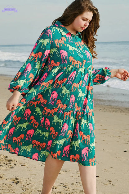 Green Horse Printed Long Sleeve Collared Buttoned Plus Size Midi Dress Aaria Tees