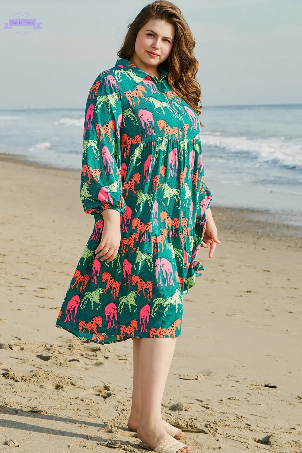 Green Horse Printed Long Sleeve Collared Buttoned Plus Size Midi Dress Aaria Tees