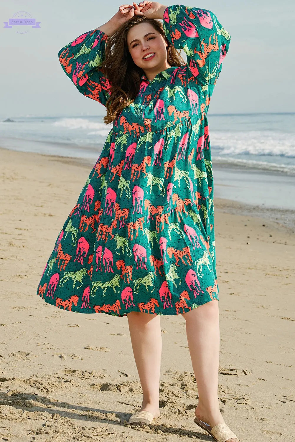 Green Horse Printed Long Sleeve Collared Buttoned Plus Size Midi Dress Aaria Tees Aaria Tees