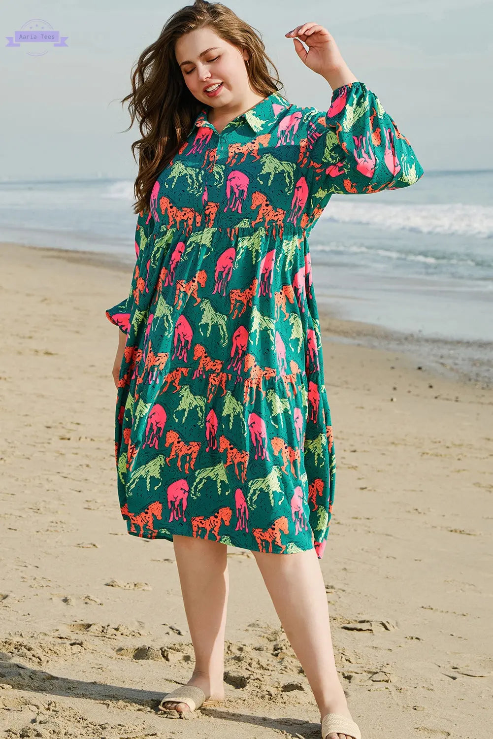 Green Horse Printed Long Sleeve Collared Buttoned Plus Size Midi Dress Aaria Tees