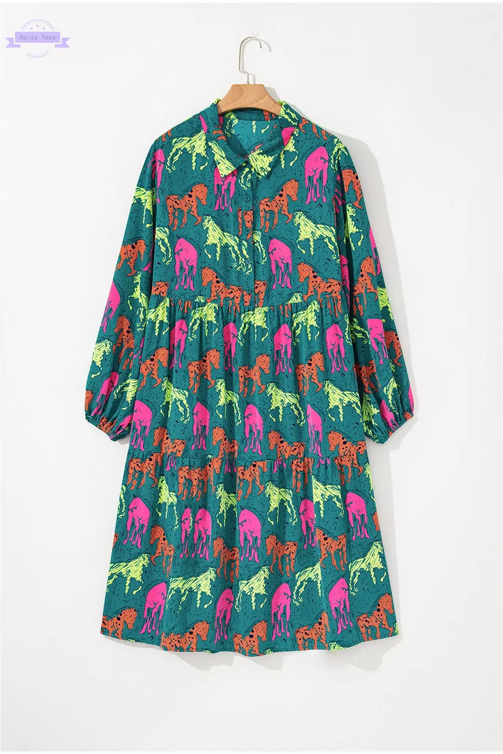 Green Horse Printed Long Sleeve Collared Buttoned Plus Size Midi Dress Aaria Tees Aaria Tees