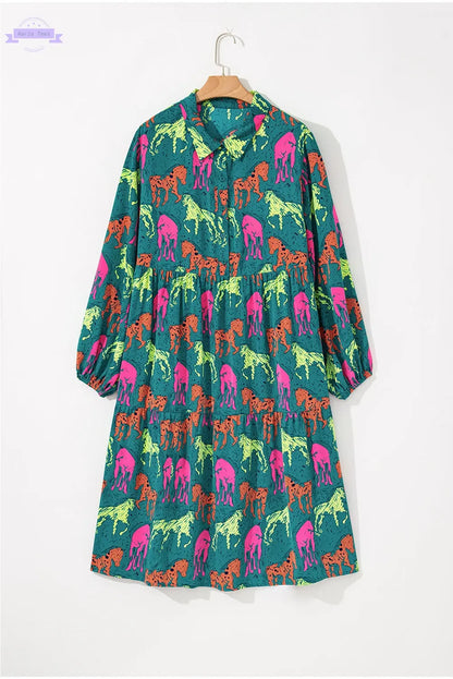 Green Horse Printed Long Sleeve Collared Buttoned Plus Size Midi Dress Aaria Tees
