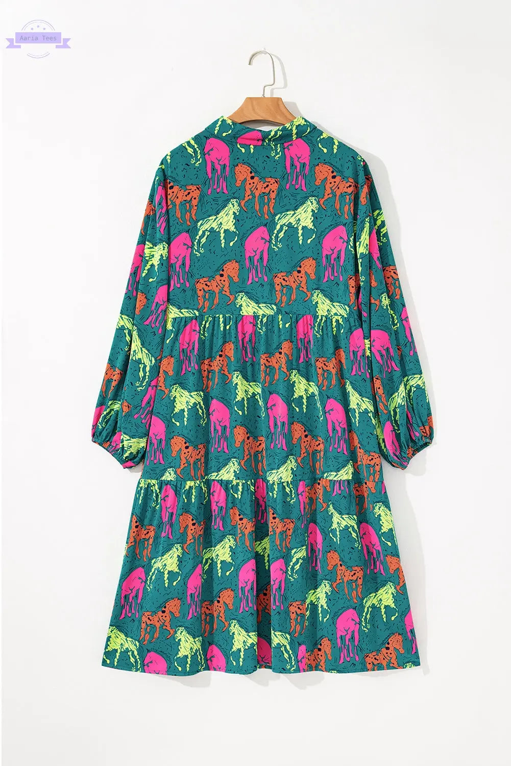 Green Horse Printed Long Sleeve Collared Buttoned Plus Size Midi Dress Aaria Tees Aaria Tees